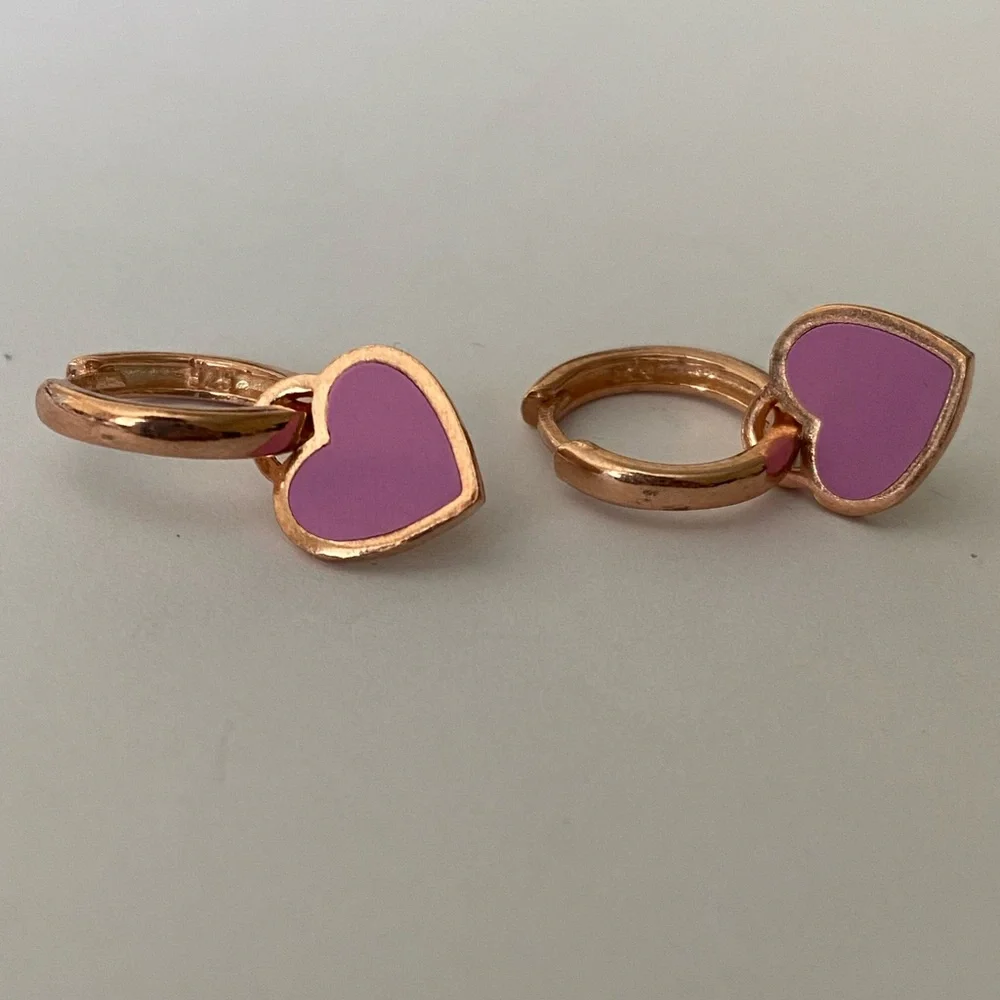 925 Silver purple enamel heart love hoops earrings 14k rose gold plated